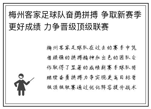 梅州客家足球队奋勇拼搏 争取新赛季更好成绩 力争晋级顶级联赛
