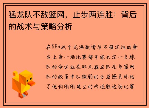 猛龙队不敌篮网，止步两连胜：背后的战术与策略分析