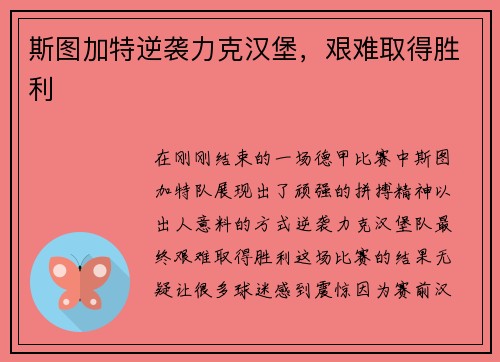 斯图加特逆袭力克汉堡，艰难取得胜利