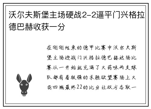 沃尔夫斯堡主场硬战2-2逼平门兴格拉德巴赫收获一分