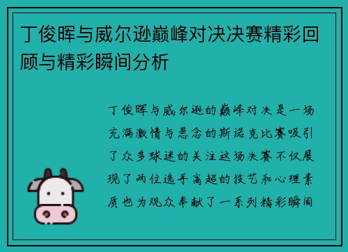 丁俊晖与威尔逊巅峰对决决赛精彩回顾与精彩瞬间分析