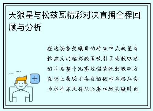 天狼星与松兹瓦精彩对决直播全程回顾与分析