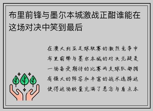 布里前锋与墨尔本城激战正酣谁能在这场对决中笑到最后