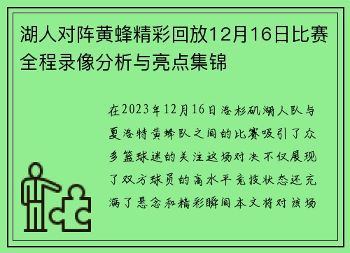 湖人对阵黄蜂精彩回放12月16日比赛全程录像分析与亮点集锦