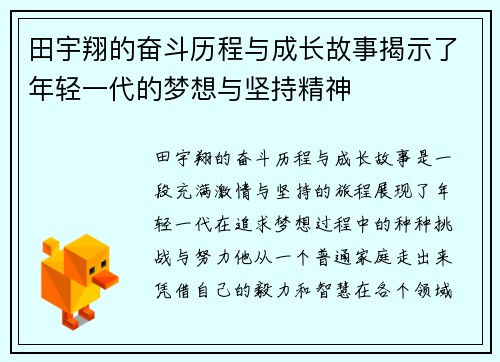 田宇翔的奋斗历程与成长故事揭示了年轻一代的梦想与坚持精神