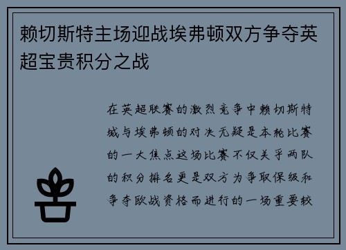 赖切斯特主场迎战埃弗顿双方争夺英超宝贵积分之战