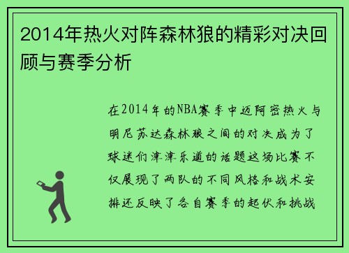 2014年热火对阵森林狼的精彩对决回顾与赛季分析