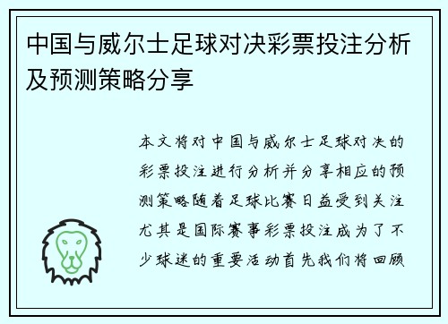 中国与威尔士足球对决彩票投注分析及预测策略分享