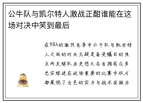 公牛队与凯尔特人激战正酣谁能在这场对决中笑到最后