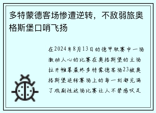 多特蒙德客场惨遭逆转，不敌弱旅奥格斯堡口哨飞扬