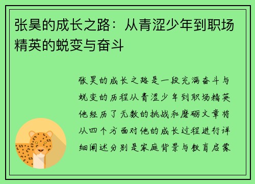 张昊的成长之路：从青涩少年到职场精英的蜕变与奋斗