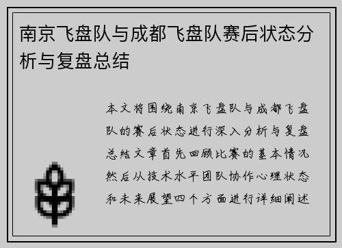 南京飞盘队与成都飞盘队赛后状态分析与复盘总结
