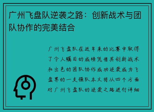 广州飞盘队逆袭之路：创新战术与团队协作的完美结合